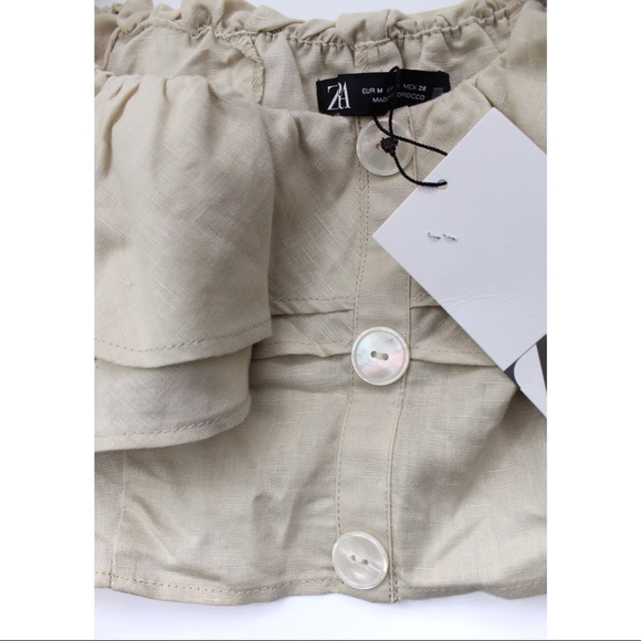 Zara NWT Cropped Ruffle Linen Blend Top Medium Beige Bloggers Fav - Picture 5 of 10